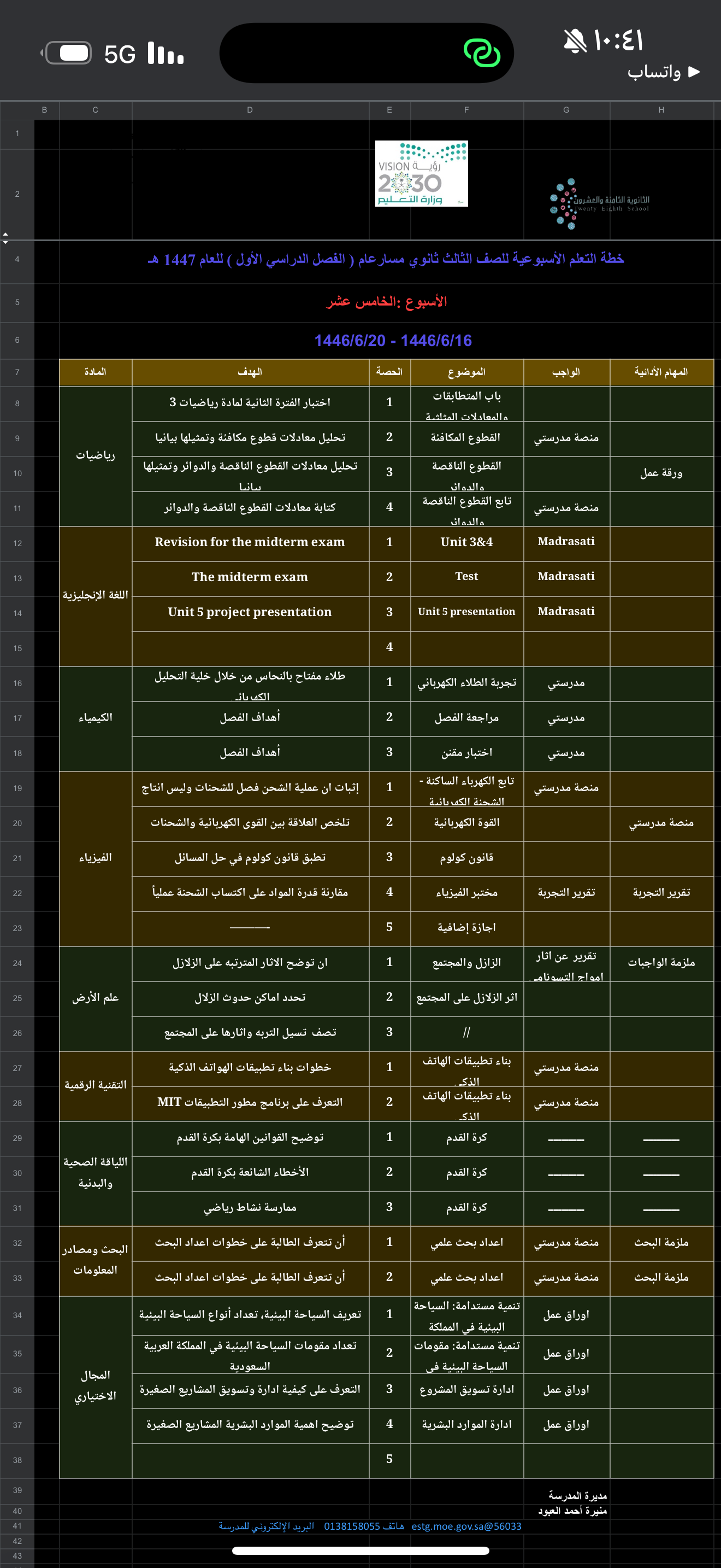 الخطة الأسبوعية