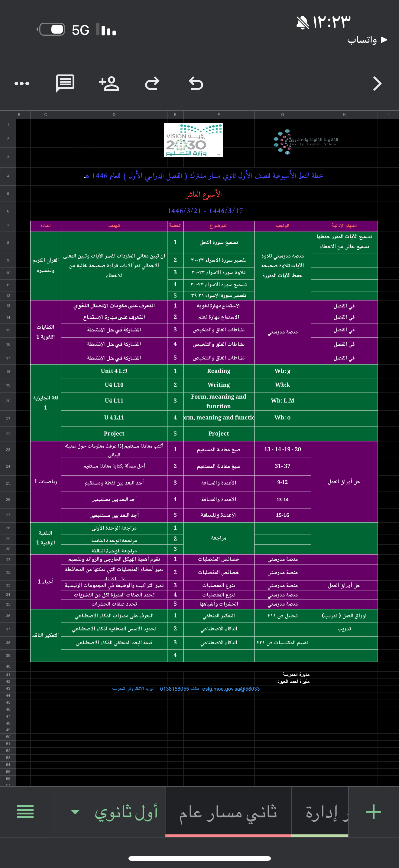 الخطة الأسبوعية