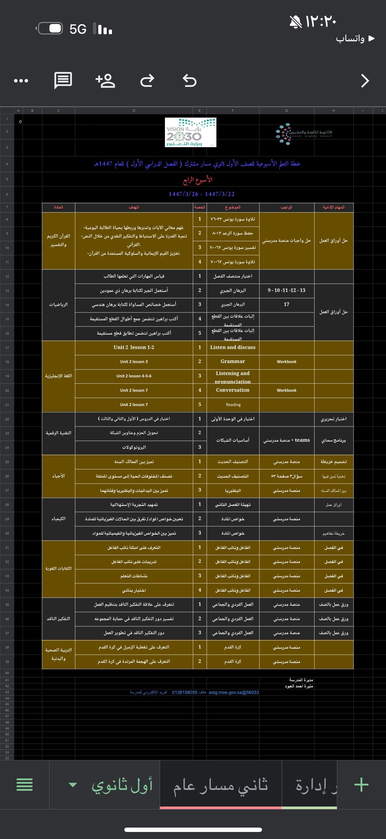 الخطة الأسبوعية