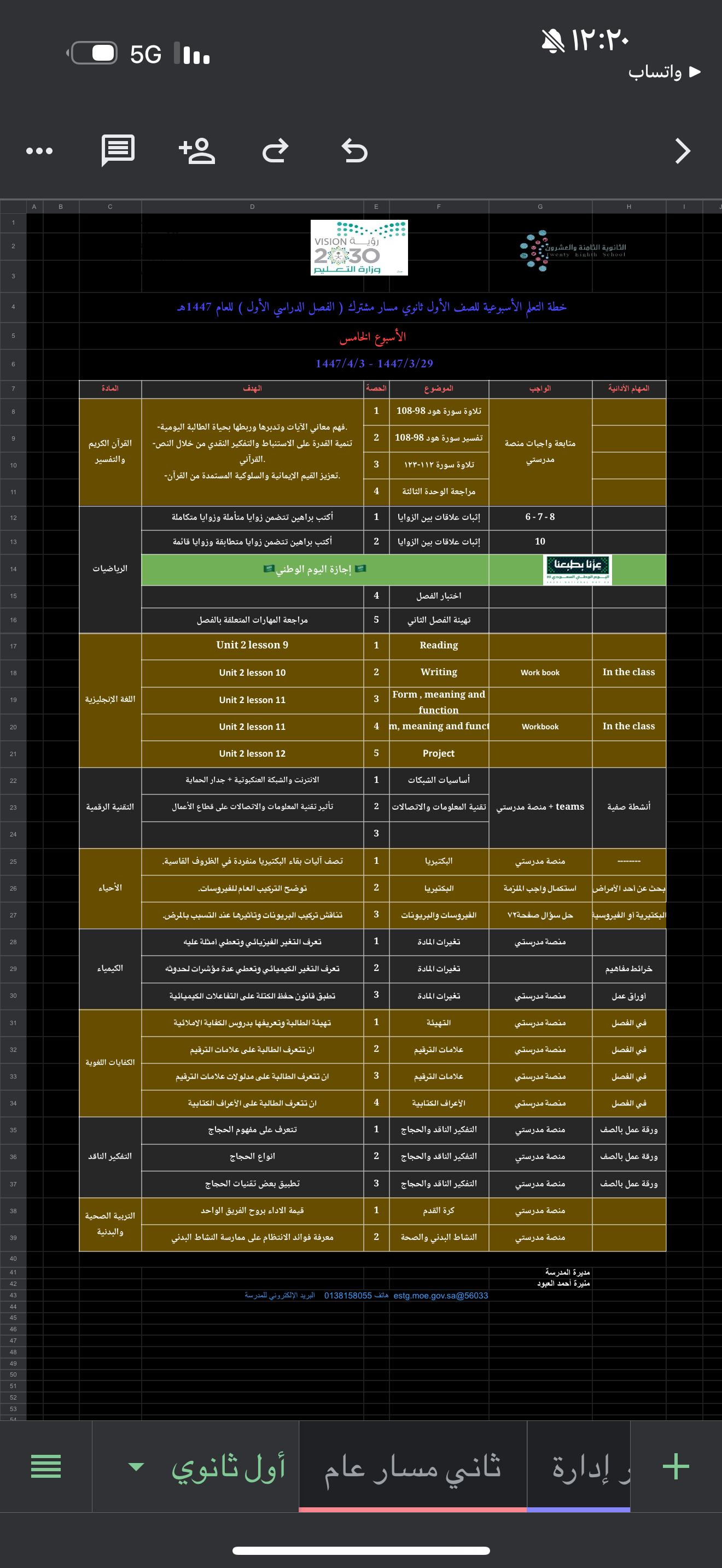 الخطة الأسبوعية