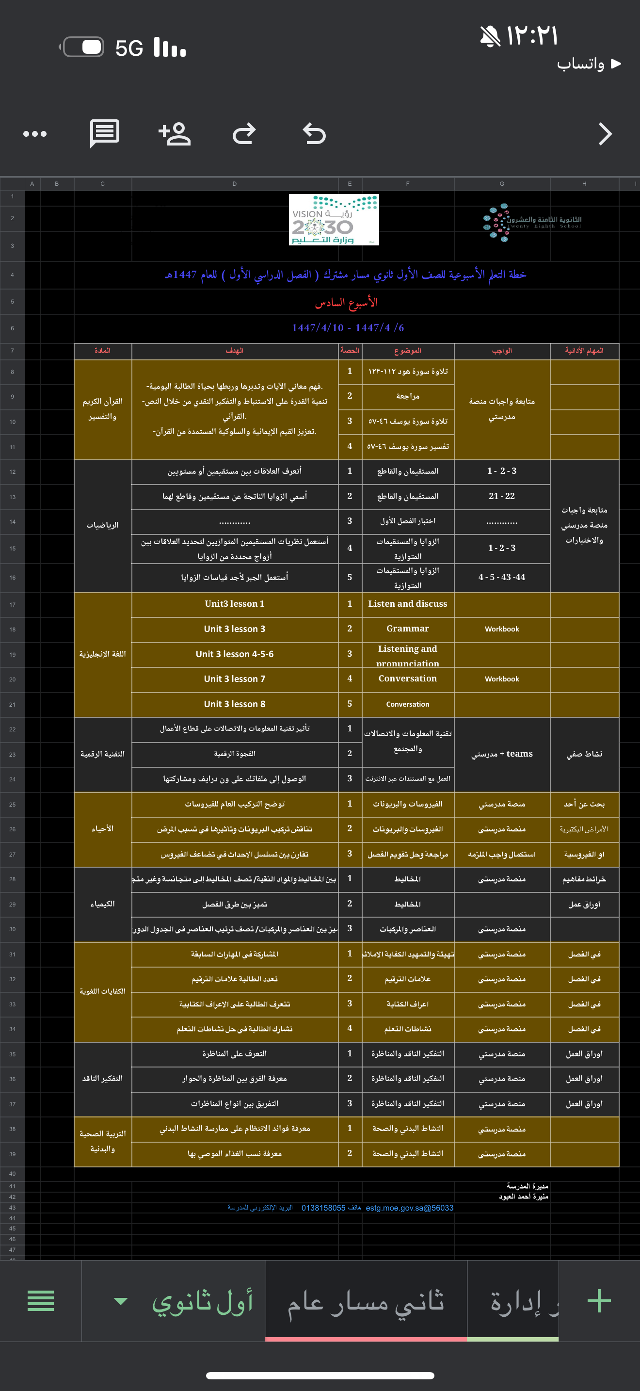 الخطة الأسبوعية