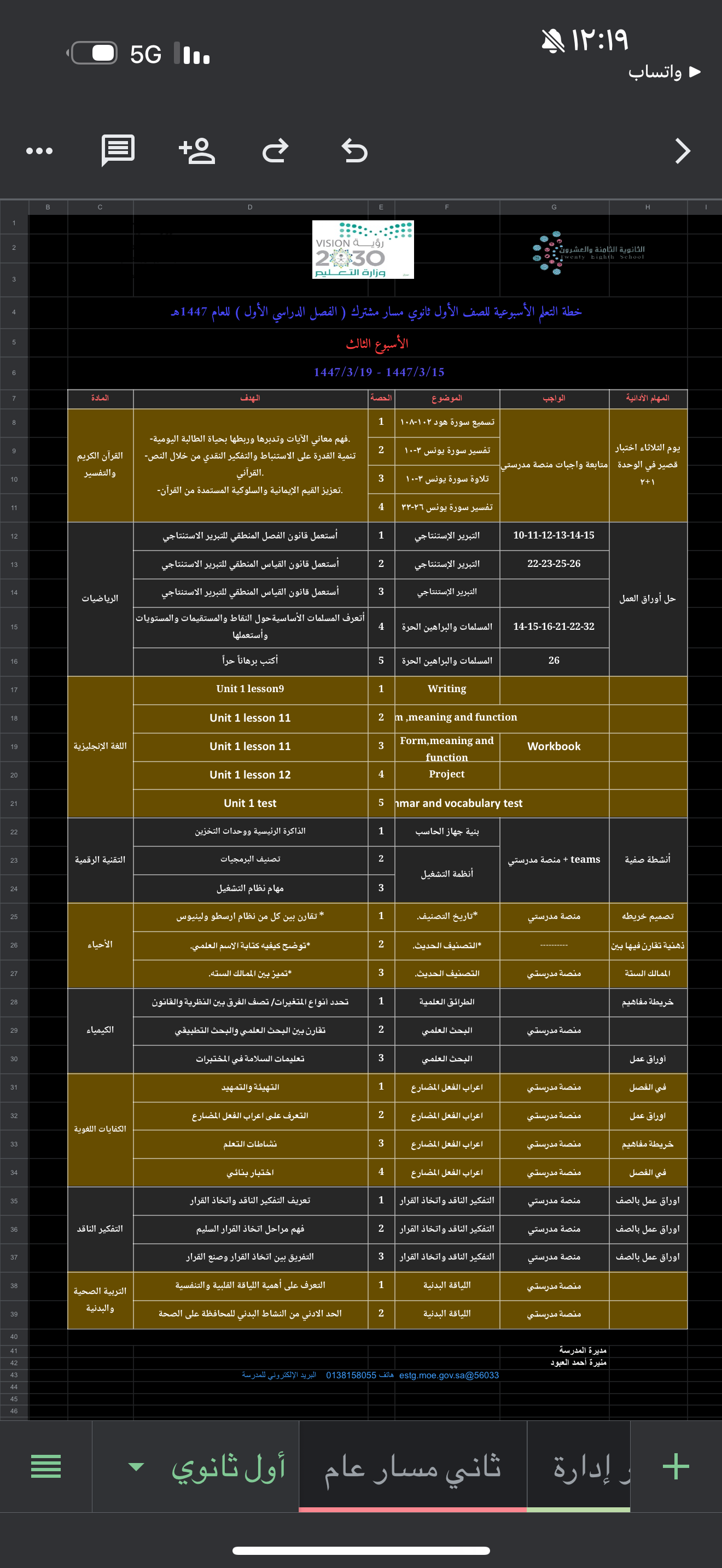 الخطة الأسبوعية