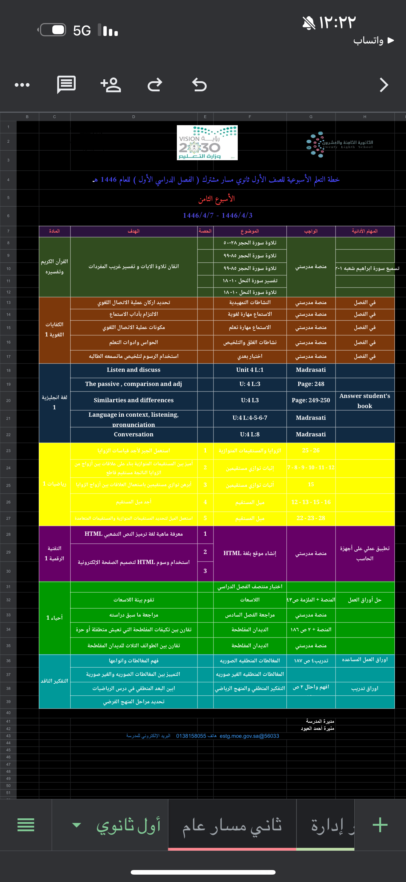 الخطة الأسبوعية