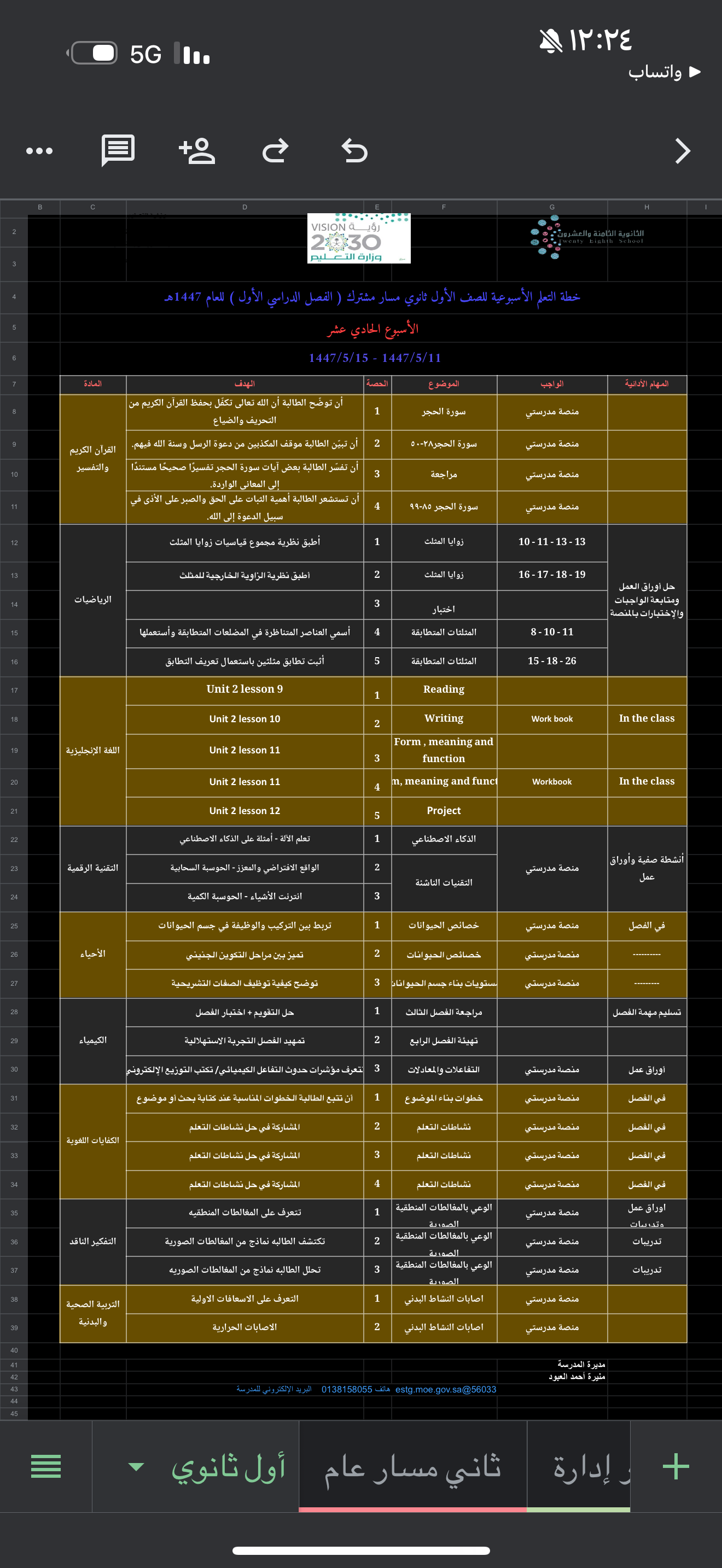 الخطة الأسبوعية