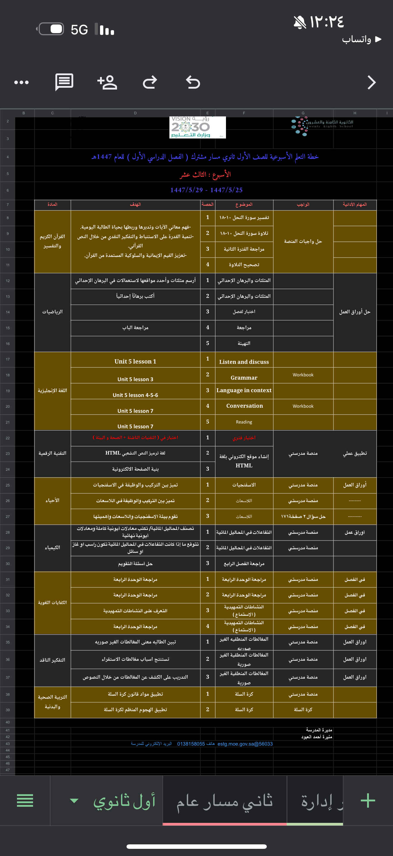 الخطة الأسبوعية