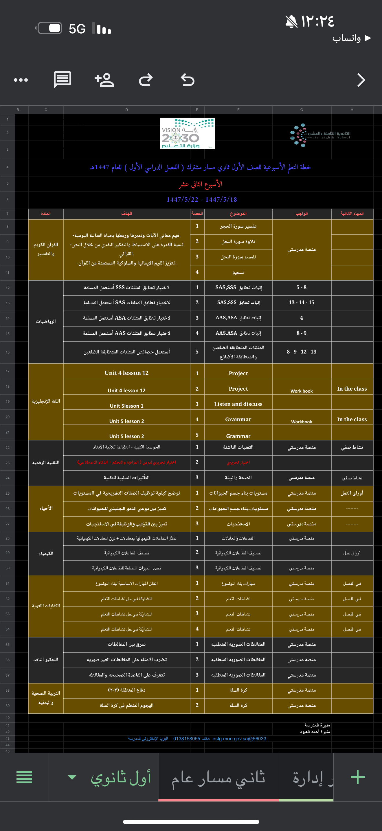 الخطة الأسبوعية