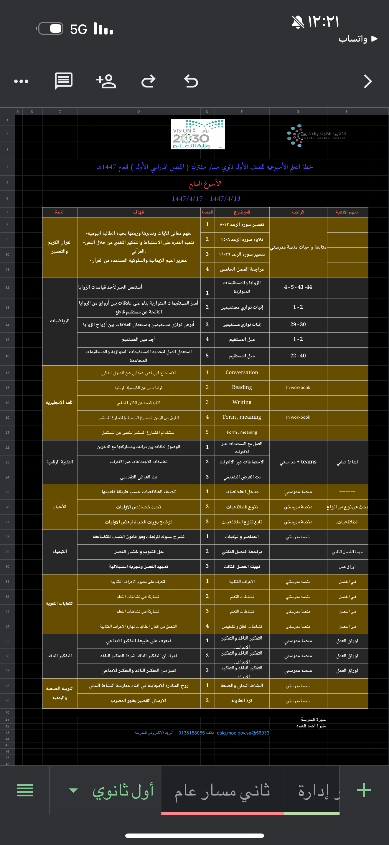 الخطة الأسبوعية